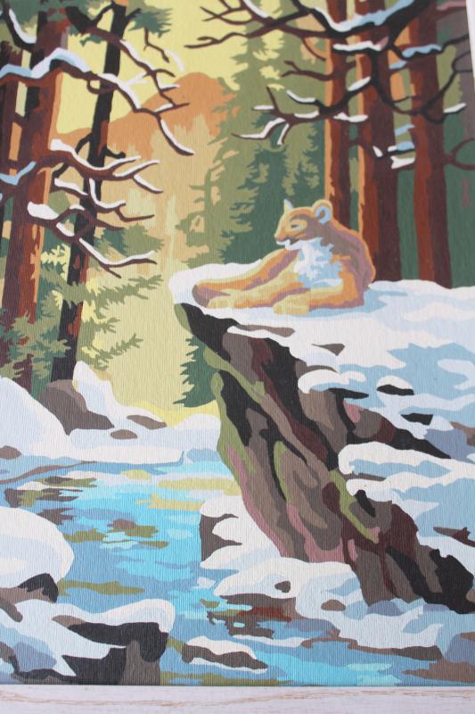 vintage paint by number picture, cougar or mountain lion winter creek north woods snow