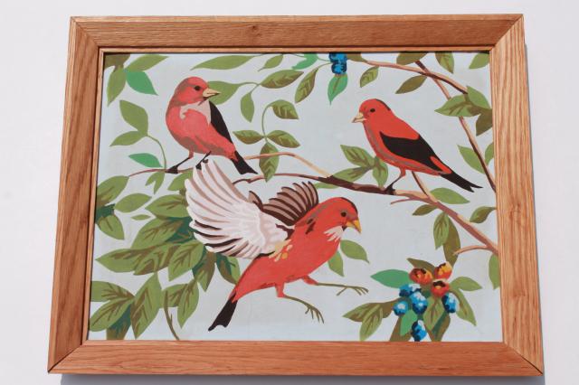 vintage paint by number picture, red song birds PBN painting in wood frame