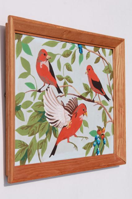 vintage paint by number picture, red song birds PBN painting in wood frame
