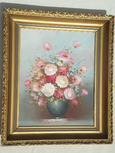 vintage painting on canvas, shabby chic floral in large antique gold frame
