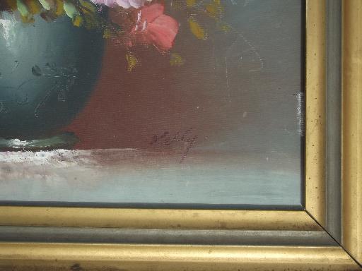 vintage painting on canvas, shabby chic floral in large antique gold frame
