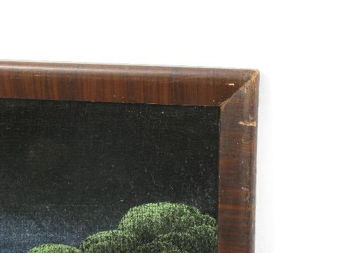 vintage paintings on velvet, old wood frames w/ crown molding, faux graining