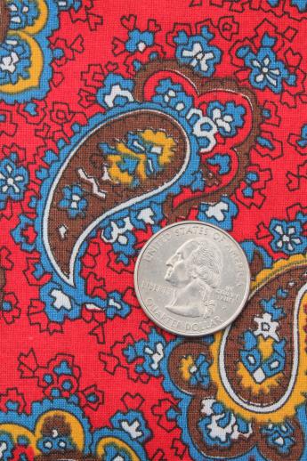 vintage paisley print fabric, red, blue, brown, gold paisley printed cotton