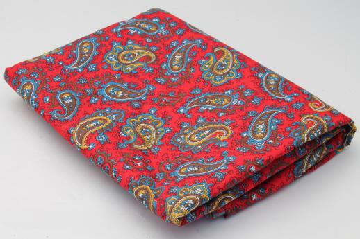 vintage paisley print fabric, red, blue, brown, gold paisley printed cotton