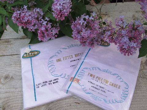 vintage pale lilac cotton full fitted sheet & pillowcases, orig pkgs