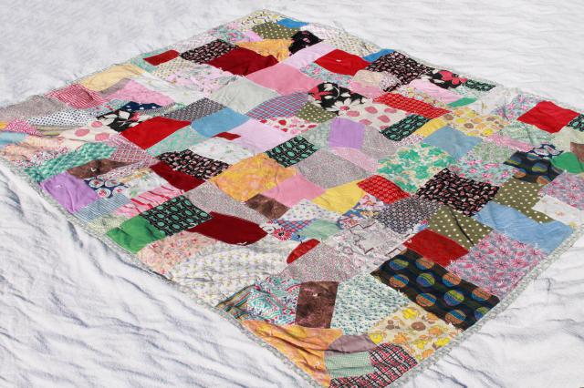 vintage patchwork crazy quilt bedspread, bohemian hippie style retro prints & wild colors