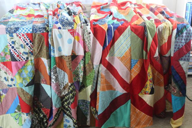 vintage patchwork crazy quilt tops or bedspreads, bohemian retro 60s colorful prints