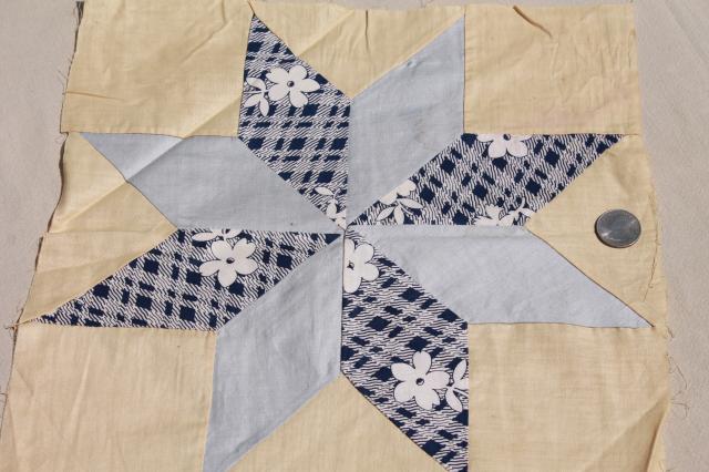 vintage patchwork quilt blocks, hand stitched stars pieced cotton prints & solid colors