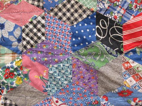 vintage patchwork quilt, old cotton print fabric, pieced star pattern