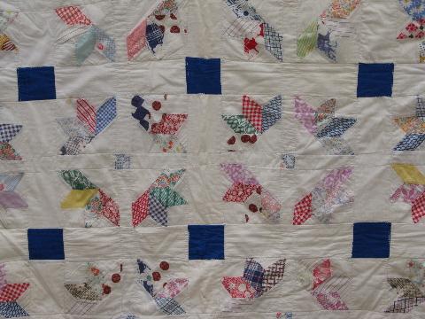 vintage patchwork quilt, old cotton print fabric, primitive flowers