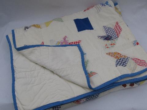 vintage patchwork quilt, old cotton print fabric, primitive flowers