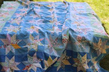 vintage patchwork quilt top comforter cover, 30s 40s print cotton fabric, stars on blue  mint green