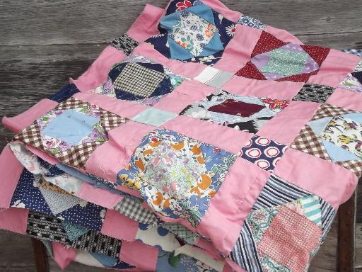 vintage patchwork quilt top, hand stitched pieced cotton fabric prints
