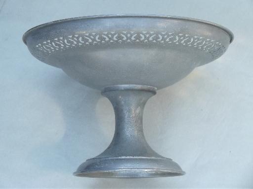 vintage pewter compote bowl, weathered dull silver metal centerpiece