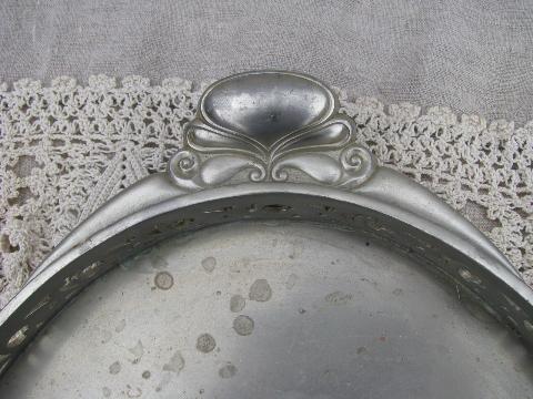 vintage pewter serving or hall tray w/ handles, ornate gallery rim