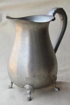 vintage pewter water pitcher, paw foot colonial style jug