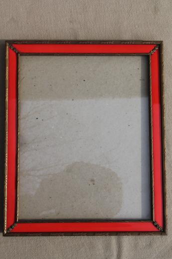 vintage photo / picture frame, red enamel & antique gold wood frame w/ easel back stand