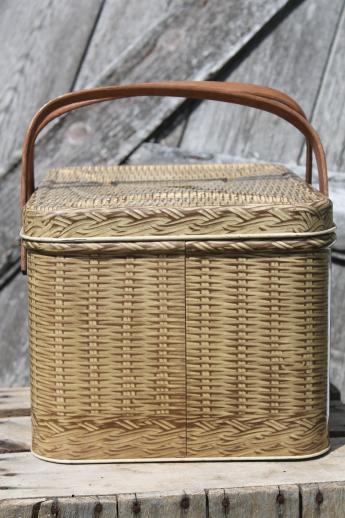 vintage picnic basket tin, Decoware wicker print metal picnic hamper w/ wood handles