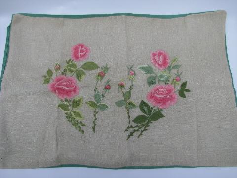 vintage pillow sham cover, embroidered pink roses on flax linen, jadite green cotton