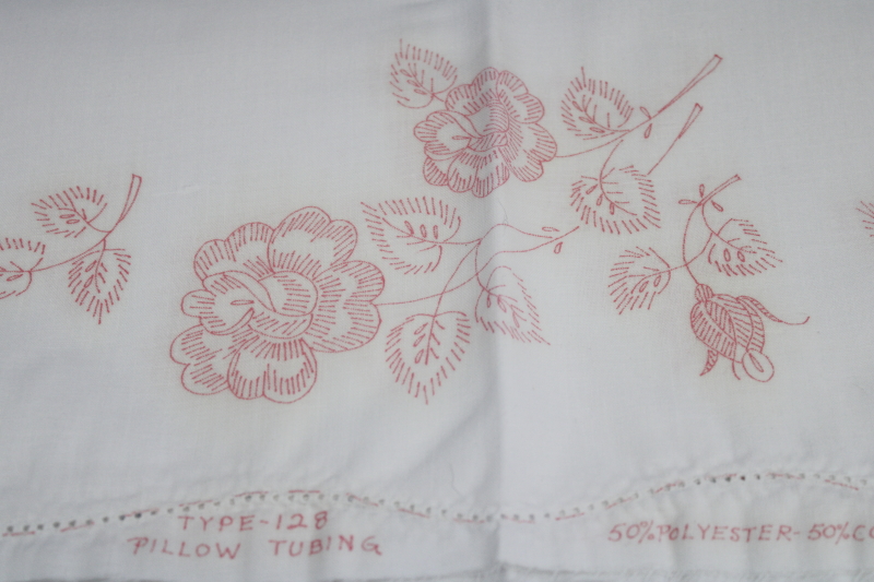 vintage pillowcases stamped to embroider, cotton poly pillow tubing fabric w/ chart