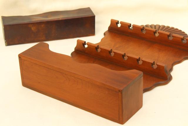 vintage pine wood spoon holder, wooden wall box w/ rack to hold spoons
