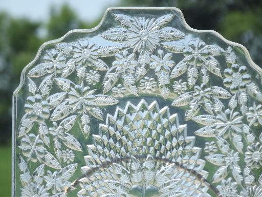 vintage pineapple floral pressed glass platters, small trays w/handles