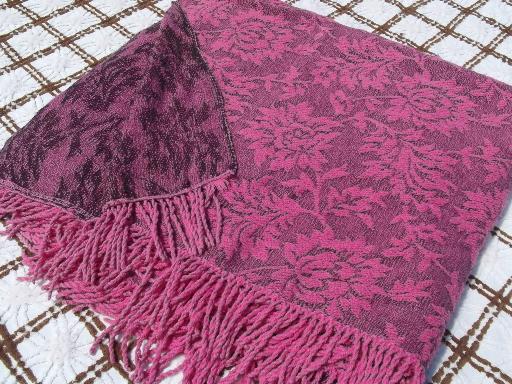 vintage pink and black fringed cotton jacquard brocade pattern bedspread