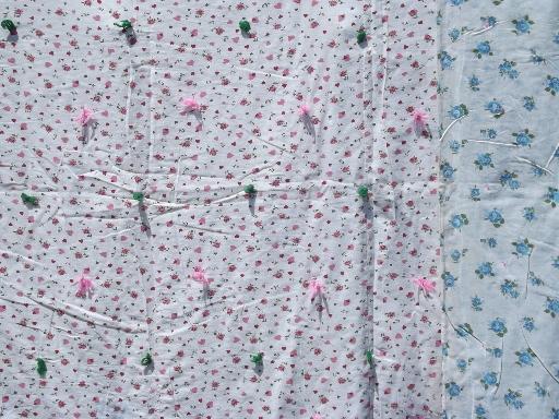 vintage pink and blue feed sack print cotton whole cloth tied quilt comforters