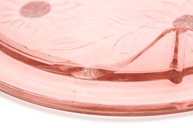 vintage pink depression glass cake plate, Jeannette sunflower pattern glass plateau