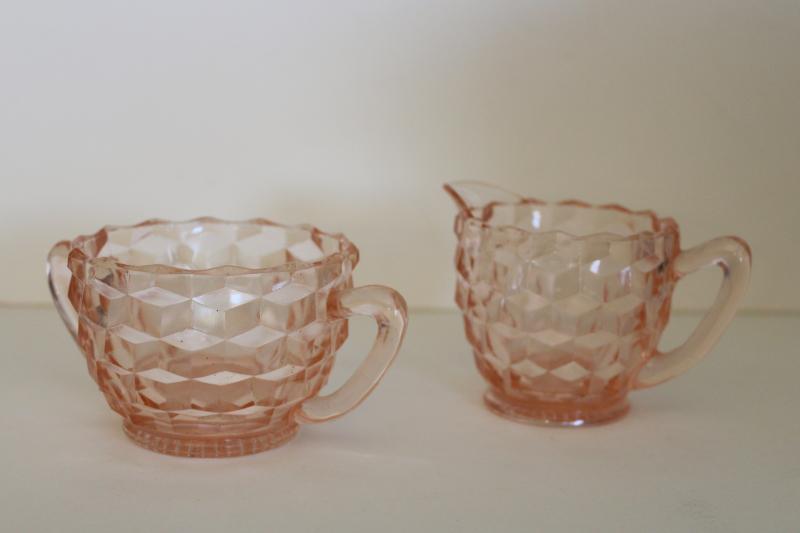 vintage pink depression glass cream pitcher & sugar bowl set, Jeannette cube pattern