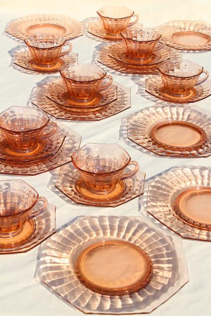 vintage pink depression glass dishes set for 8, bamboo optic octagon shape
