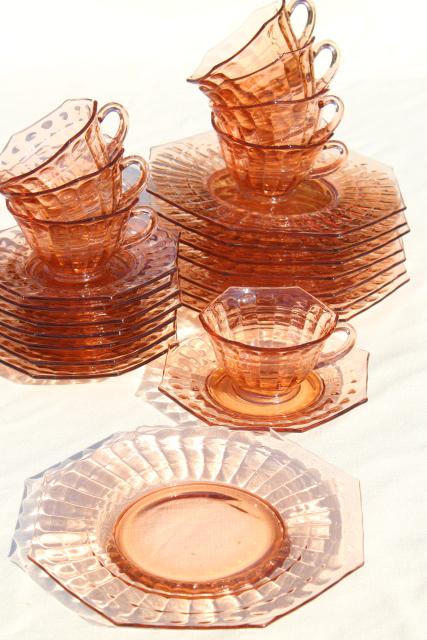 vintage pink depression glass dishes set for 8, bamboo optic octagon shape