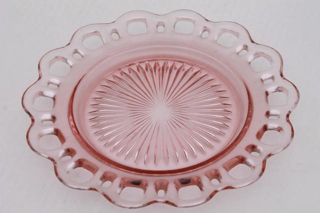 vintage pink depression glass plate, Anchor Hocking Old Colony open lace edge