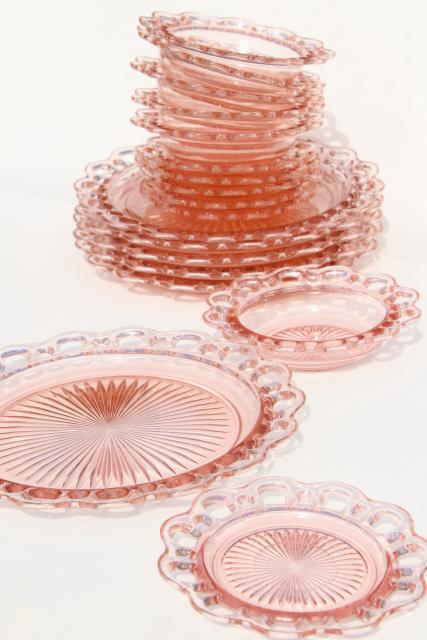 vintage pink depression glass plates & bowls, Anchor Hocking Old Colony open lace edge