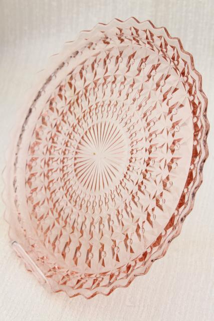 vintage pink depression glass sandwich or cake plate Jeannette holiday buttons and bows pattern