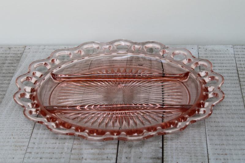 vintage pink depression glass serving tray, lace edge divided relish plate