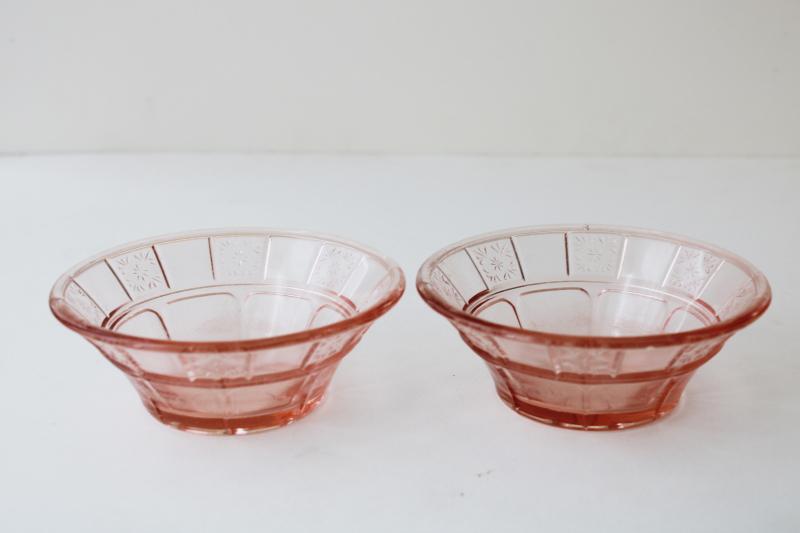 vintage pink depression glass, tiny fruit / dessert bowls, doric & pansy pattern