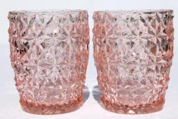 vintage pink depression glass tumblers, buttons & bows Holiday drinking glasses
