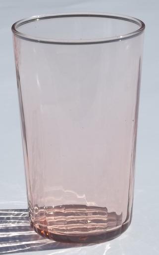 vintage pink depression glass tumblers, optic pattern paneled rib glasses 