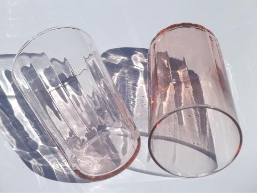 vintage pink depression glass tumblers, optic pattern paneled rib glasses 