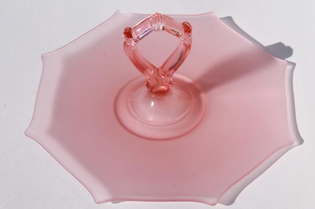 vintage pink frosted satin glass serving plate or sandwich / cake tray w/ center handle