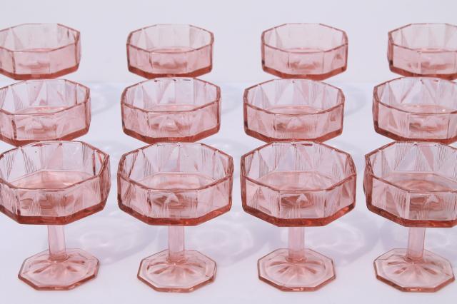 vintage pink glass champagne glasses, deco style octagon shape & geometric line triangles