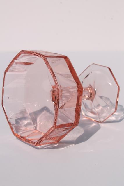 vintage pink glass champagne glasses, deco style octagon shape & geometric line triangles