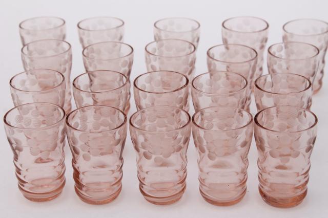 vintage pink glass shot glasses, tiny thimble sized shots w/ wheel cut flowers