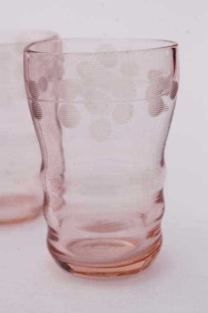 vintage pink glass shot glasses, tiny thimble sized shots w/ wheel cut flowers