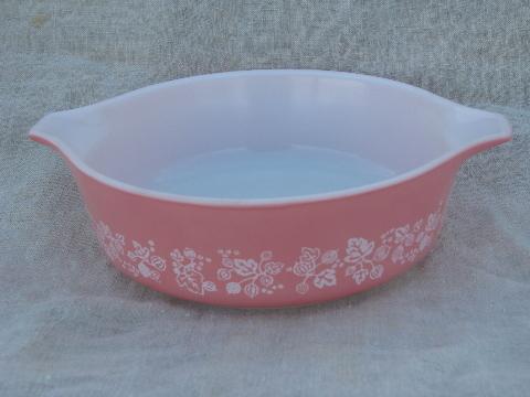 vintage pink gooseberry Pyrex kitchen glass casserole baking dishes
