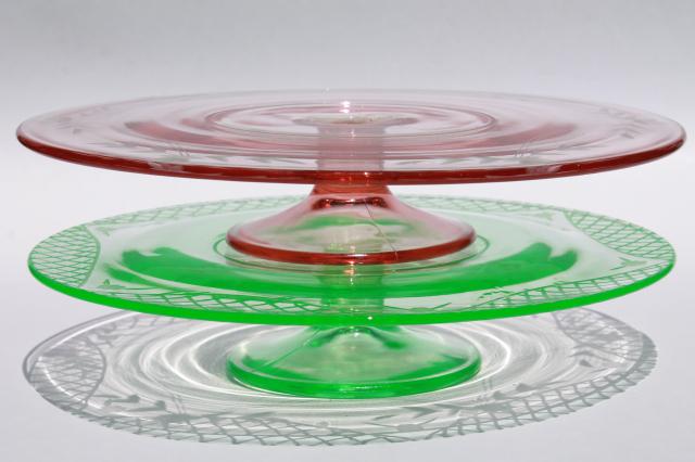 vintage pink & green depression glass cake stands, etched glass pedestal plates