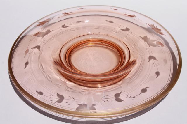 vintage pink & green depression glass floral centerpiece bowls w/ flower frogs