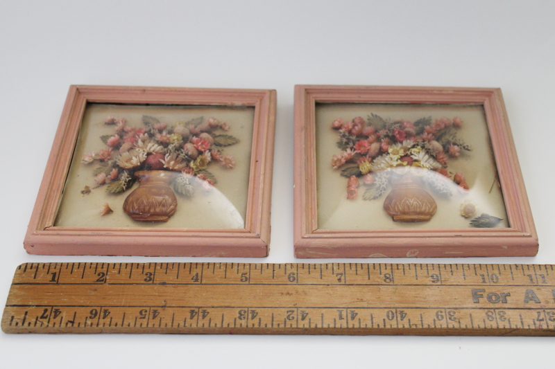 vintage pink painted wood frames w/ square domed bubble convex glass, miniature floral arrangements