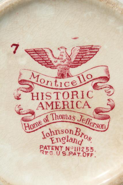vintage pink red transferware china pitcher, Monticello Historic America Johnson Bros
